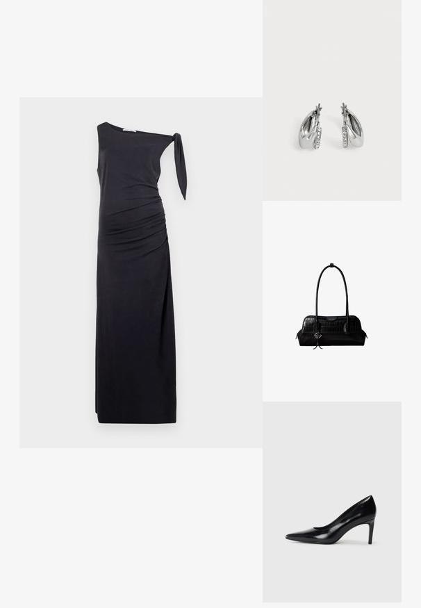 Vestido negro de un solo hombro hecho de una tela suave, con fruncidos laterales y un detalle de lazo en el hombro. Silueta larga y ajustada.; Zapato de tacón alto de cuero negro con punta afilada, textura suave y tacón en forma de cono. Diseño minimalista, sin adornos adicionales.; Bolso de hombro negro de cuero con textura de cocodrilo, con correas largas y un pequeño colgante de logo plateado en una correa.; Par de pendientes de aro plateados con una pequeña fila de pedrería transparente en el frente, mostrados sobre un fondo liso gris claro.