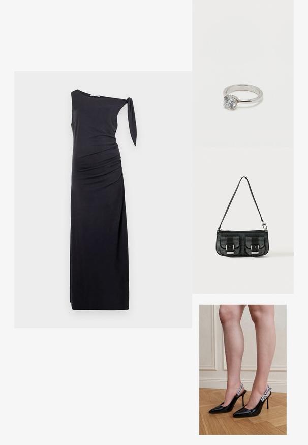 Zwarte, een-schouder jurk gemaakt van zachte stof, met een zijschoof en een strikdetail op de schouder. Lange en aansluitende silhoeutte.; Vrouw draagt zwarte lakleren hoge hak slingback schoenen met witte merkriemen, staand op een houten vloer.; Zwarte gestructureerde handtas met een perforatieontwerp, voorzien van twee voorzakken met gespen, zilveren hardware en een afneembare schouderband.; Zilveren ring met een grote ronde, heldere edelsteen in een klauwzetting tegen een effen witte achtergrond.