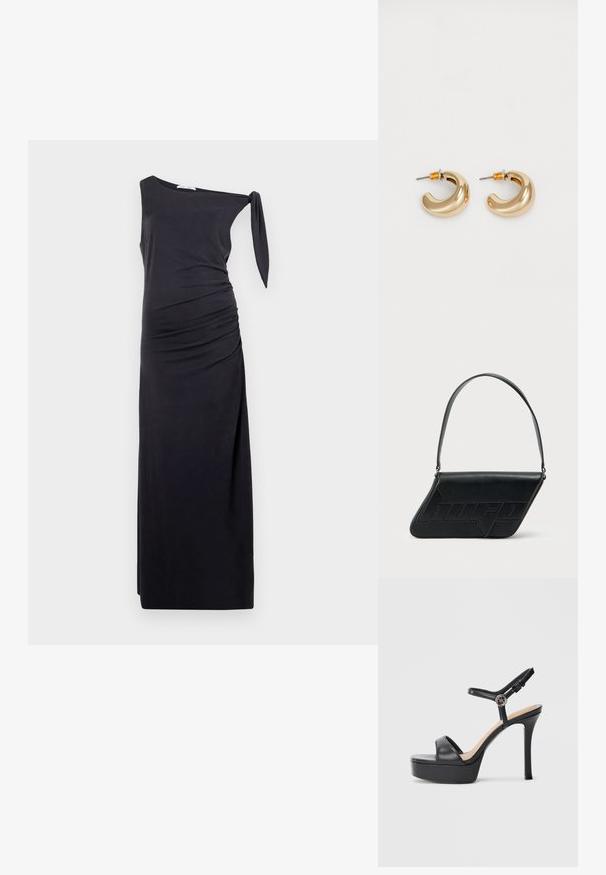 Vestido negro de un solo hombro hecho de una tela suave, con fruncidos laterales y un detalle de lazo en el hombro. Silueta larga y ajustada.; Sandalias de plataforma negras con tacón alto de aguja, con empeine de cuero liso, diseño de punta abierta y una correa ajustable en el tobillo con herrajes.; Bolso de hombro de cuero negro con forma triangular, logo en relieve y una sola correa ajustable. Diseño minimalista con textura suave.; Dos pendientes de aro dorados brillantes en un diseño curvado, con acentos naranjas cerca del poste, sobre un fondo blanco liso.