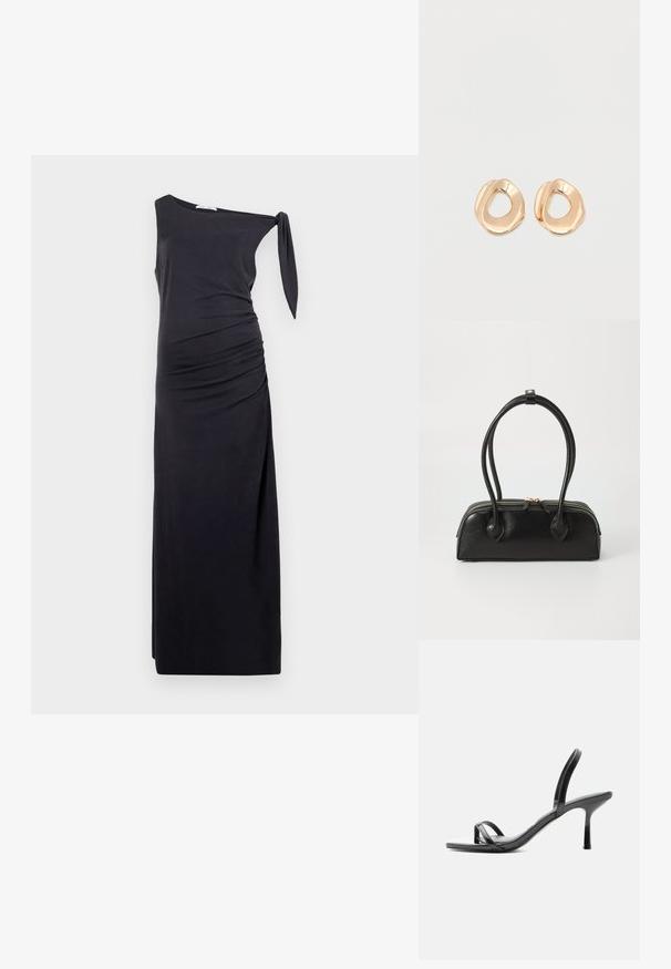 Robe noire asymétrique en tissu doux, avec un froncé sur le côté et un détail à nouer à l'épaule. Silhouette longue et ajustée.; Sandale noire à talon haut avec fines brides au niveau des orteils et de la cheville, finition brillante et talon aiguille fin.; Sac à main en cuir noir avec deux anses allongées, fermeture éclair et forme arrondie ; texture lisse avec une finition légèrement brillante.; Paired boucles d'oreilles en métal doré poli de forme irrégulière avec un centre ouvert sur un fond blanc uni.