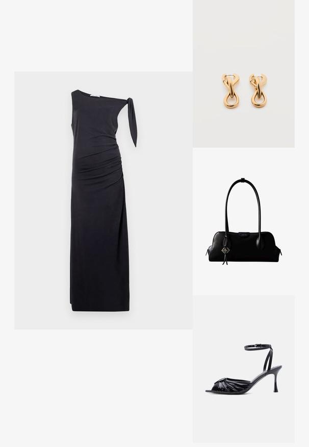 Robe noire asymétrique en tissu doux, avec un froncé sur le côté et un détail à nouer à l'épaule. Silhouette longue et ajustée.; Sandale à talon haut en cuir verni noir avec bout ouvert, devant froncé et bride de cheville réglable avec boucle.; Sac à main en cuir noir Calvin Klein avec de longues anses, une étiquette logo à l'avant et un charme géométrique argenté suspendu à une anse.; Paire de boucles d'oreilles créoles en bouclettes dorées brillantes sur fond blanc uni, présentant un design torsadé entrelacé.