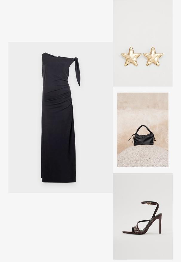 Vestido negro de un solo hombro hecho de una tela suave, con fruncidos laterales y un detalle de lazo en el hombro. Silueta larga y ajustada.; Sandalia de tacón alto de charol burdeos con tira en el tobillo, punta afilada y tres tiras horizontales en el pie. Detalle de hebilla en tono dorado.; Bolso negro fruncido con asa recogida, apoyado sobre una esfera de piedra texturizada frente a una pared de hormigón beige.; Pendientes en forma de estrella dorada con un acabado suave y brillante y un diseño tridimensional, que presentan cinco puntas y una textura ligeramente curvada.