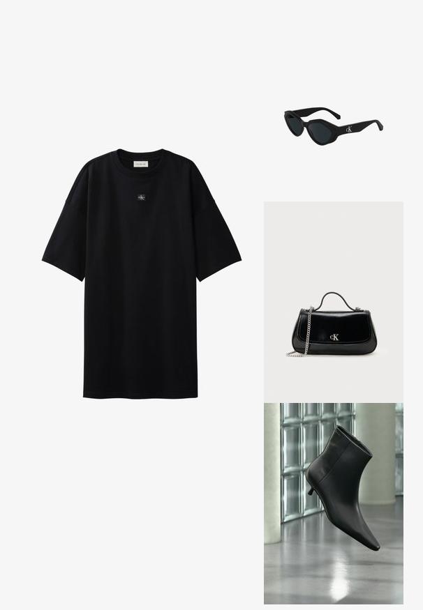 T-shirt noir oversize à manches courtes avec petit patch logo Calvin Klein centré sous l'encolure.; Bottine en cuir noir à bout pointu et petit talon kitten, présentée en angle devant un sol poli et un mur en blocs de verre.; Lunettes de soleil cat-eye noires avec une finition brillante, des verres sombres et un logo "cK" sur la branche. Design angulaire et montures épaisses.; Sac à main en cuir noir avec une chaîne en bandoulière, forme structurée et accent logo argenté. Texture lisse avec un rabat.