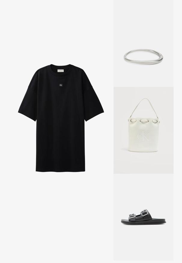 Μαύρο oversize T-shirt με κοντά μανίκια και μικρό ταμπελάκι με το λογότυπο Calvin Klein, τοποθετημένο στο κέντρο κάτω από το ντεκολτέ.; Μαύρο σανδάλι με σαγιονάρα με δύο ρυθμιζόμενες ασημένιες αγκράφες και παχιά σόλα σε απλό φωτεινό φόντο.; Λευκό τσάντα κουβά με κοντή λαβή, ασημένια πριτσίνια και ανάγλυφο λογότυπο "cK" μπροστά.; Ασημένιο μεταλλικό βραχιόλι με λείο, στρογγυλό σχέδιο. Διαθέτει λεπτή γραμμή και διακριτική χαραγή της μάρκας "Calvin Klein" στο εσωτερικό.