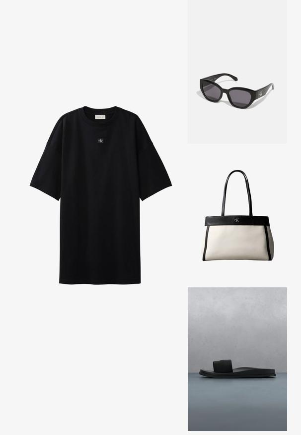 T-shirt noir oversize à manches courtes avec petit patch logo Calvin Klein centré sous l'encolure.; Sandale slide noire Calvin Klein avec large bride, présentée au-dessus d'un sol en bois texturé et de galets, fond extérieur flou.; Lunettes de soleil noires au design lisse et angulaire, avec des verres foncés et un logo en argent contrastant sur le côté. Texture en plastique lisse.; Sac fourre-tout Calvin Klein blanc et noir avec de longues poignées noires et le logo CK sur une bande noire près du haut.