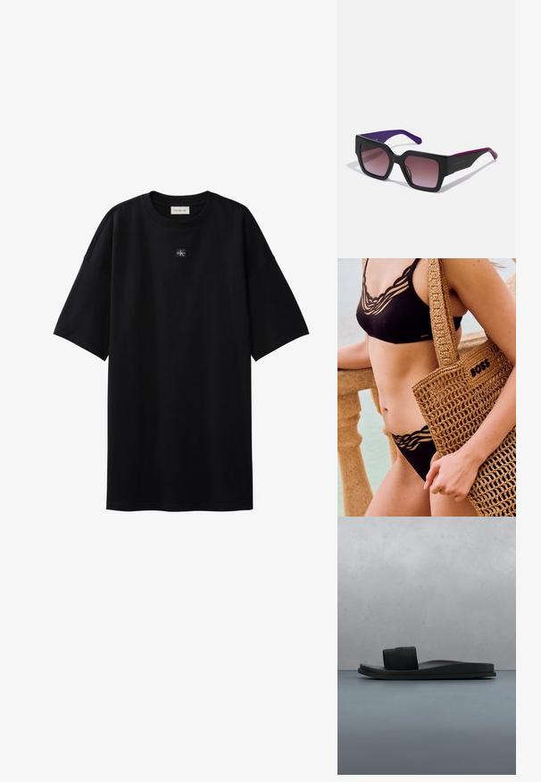 T-shirt noir oversize à manches courtes avec petit patch logo Calvin Klein centré sous l'encolure.; Sandale slide noire Calvin Klein avec large bride, présentée au-dessus d'un sol en bois texturé et de galets, fond extérieur flou.; Lunettes de soleil rectangulaires noires avec des verres dégradés, des branches violettes et des bords élégants. Présentent une finition mate et un logo subtil sur la branche.; Femme en bikini noir tenant un sac en paille tressée avec le texte "BOSS", appuyée sur une rambarde en pierre près de l'eau.