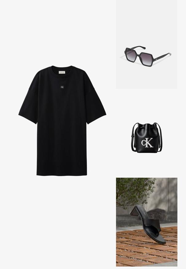 T-shirt noir oversize à manches courtes avec petit patch logo Calvin Klein centré sous l'encolure.; Sandale à talon noire Calvin Klein avec boucle pour l’orteil, posée sur un sol en carreaux de bois en extérieur, près d’un arbre et d’un mur en pierre.; Lunettes de soleil hexagonales noires avec des verres dégradés, dotées d'une finition brillante et d'un marquage subtil sur la branche. Construction en plastique durable.; Sac seau en cuir noir avec cordon de serrage en haut et logo blanc "cK" sur le devant, doté d’une bandoulière réglable.
