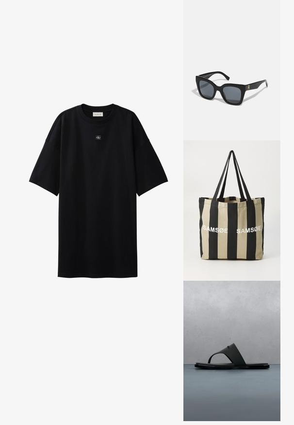 Μαύρο oversize T-shirt με κοντά μανίκια και μικρό ταμπελάκι με το λογότυπο Calvin Klein, τοποθετημένο στο κέντρο κάτω από το ντεκολτέ.; Μαύρο σανδάλι τύπου σαγιονάρα Calvin Klein που αιωρείται πάνω από ξύλινες σανίδες με μικρές πέτρες σε εξωτερικό χώρο, με θολό πράσινο φόντο και τσιμεντένιο τοίχο στο βάθος.; Μαύρα γυαλιά ηλίου με έντονο τετράγωνο σχήμα, με σκούρους φακούς και χρυσό λογότυπο στη μία βραχίονα. Κατασκευασμένα από γυαλιστερό πλαστικό υλικό.; Samsøe Samsøe FRINKA - Τσάντα Tote - black/greige