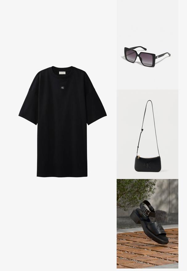 T-shirt noir oversize à manches courtes avec petit patch logo Calvin Klein centré sous l'encolure.; Sandale noire en cuir Calvin Klein avec bride à la cheville et boucle, flottant au-dessus d'un sol en bois et carreaux de pierre en extérieur.; Lunettes de soleil noires carrées avec des verres gris dégradés. Montures brillantes avec des lignes épurées. Accent logo argenté sur les branches.; Sac bandoulière en cuir noir avec bandoulière réglable, fermeture éclair dorée et logo "cK" embossé sur le devant, présenté sur un fond blanc.