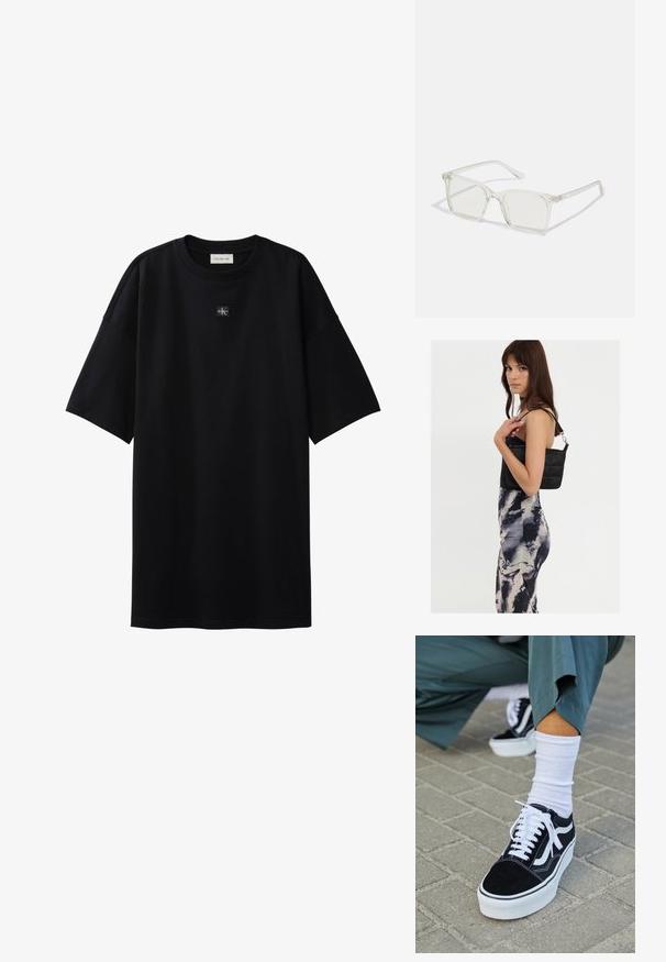 Μαύρο oversize T-shirt με κοντά μανίκια και μικρό ταμπελάκι με το λογότυπο Calvin Klein, τοποθετημένο στο κέντρο κάτω από το ντεκολτέ.; Μαύρο σουέτ sneaker με λευκές λεπτομέρειες και κορδόνια, με παχύ λευκό πάτο και αντίθετη ραφή, συνοδευόμενο από λευκή κάλτσα.; Διάφανα πλαστικά γυαλιά με τετράγωνους σκελετούς και διαφανείς φακούς, με χρυσές λεπτομέρειες στους βραχίονες για επιπλέον στυλ.; Μαύρη καπιτονέ τσάντα ώμου με έναν μόνο ιμάντα και ασημένια εξαρτήματα, σε συνδυασμό με ένα εφαρμοστό φόρεμα με σχέδιο tie-dye σε αποχρώσεις του μαύρου και του κρεμ.