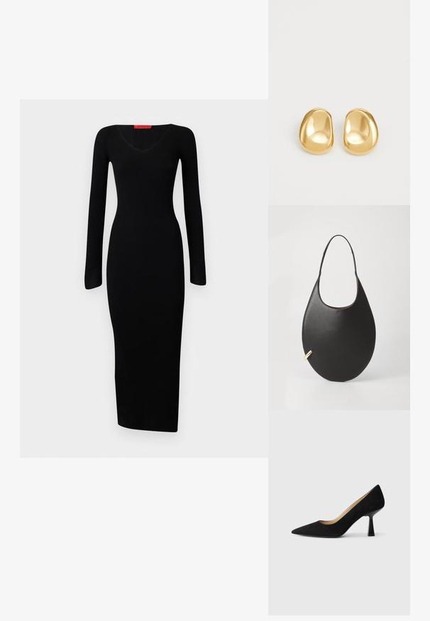 Vestido negro de manga larga con textura acanalada, escote en V y silueta ajustada, que llega hasta la mitad de la pantorrilla. La textura suave resalta un diseño elegante.; Zapato de tacón alto de ante negro con punta afilada, que cuenta con un tacón de bloque negro brillante y un forro interior suave.; Bolso de hombro de cuero negro con forma redondeada, textura suave y una sola correa. Presenta un detalle dorado en el lateral.; Pendientes de studs en color dorado con una forma suave y redondeada y una superficie reflectante, que exhiben un diseño minimalista y sin patrones visibles.