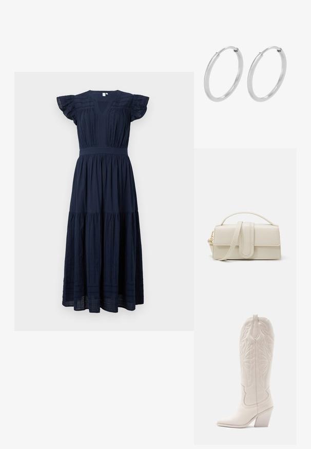 Marineblaue Midi-Kleid mit V-Ausschnitt, gerafften kurzen Ärmeln und vertikalen Spitzenakzenten auf dem Oberteil und den Rockpaneelen.; Weiße Leder-Cowboystiefel mit spitzer Zehe und blockiertem Absatz. Sie verfügen über aufwendige Steppmuster am Schaft und eine glatte Textur.; Cremfarbene Lederhandtasche mit rechteckiger Form, flachem Griff und abnehmbarem Schulterriemen; verfügt über einen vorderen Klappverschluss mit Magnetverschluss.; Silberne Creolen, kreisförmig, mit glatter, glänzender Oberfläche und gleichbleibender Breite. Minimalistisches Design ohne zusätzliche Akzente.