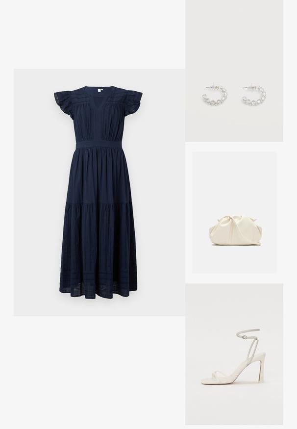 Vestido midi azul marino con escote en V, mangas cortas con volantes y detalles de encaje vertical en el cuerpo y los paneles de la falda.; Sandalia blanca de tacón con una delgada correa en el tobillo y dos correas frontales. Textura de cuero suave con punta cuadrada y tacón brillante.; Bolso de mano de cuero suave de color crema con diseño fruncido y plisado y una delgada correa para el hombro que descansa delante sobre un fondo liso.; Pendientes de aro plateados incrustados con cristales facetados transparentes, con cierre de poste y tapones auriculares transparentes sobre un fondo blanco.