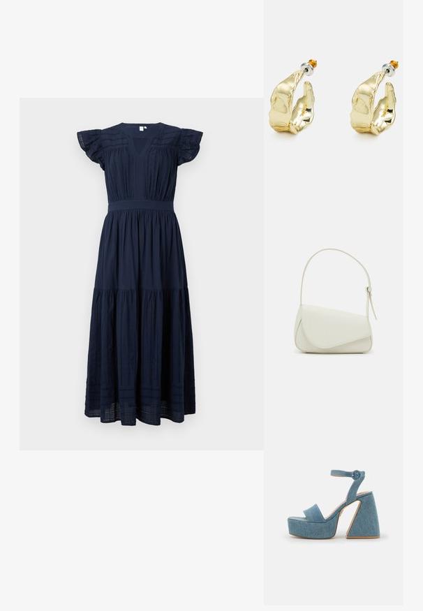 Vestido midi azul marino con escote en V, mangas cortas con volantes y detalles de encaje vertical en el cuerpo y los paneles de la falda.; Sandalias de plataforma de denim con una correa para el tobillo, banda frontal ancha y un tacón geométrico alto en azul claro con acentos en marrón.; Bolso de mano de imitación cuero blanco con una forma triangular estructurada, correa ajustable única y cierre con solapa acentuada en curva.; Pendientes en tono dorado con forma de manos abstractas, que presentan una superficie brillante, detalles intrincados y un poste de plata y oro para un ajuste seguro.