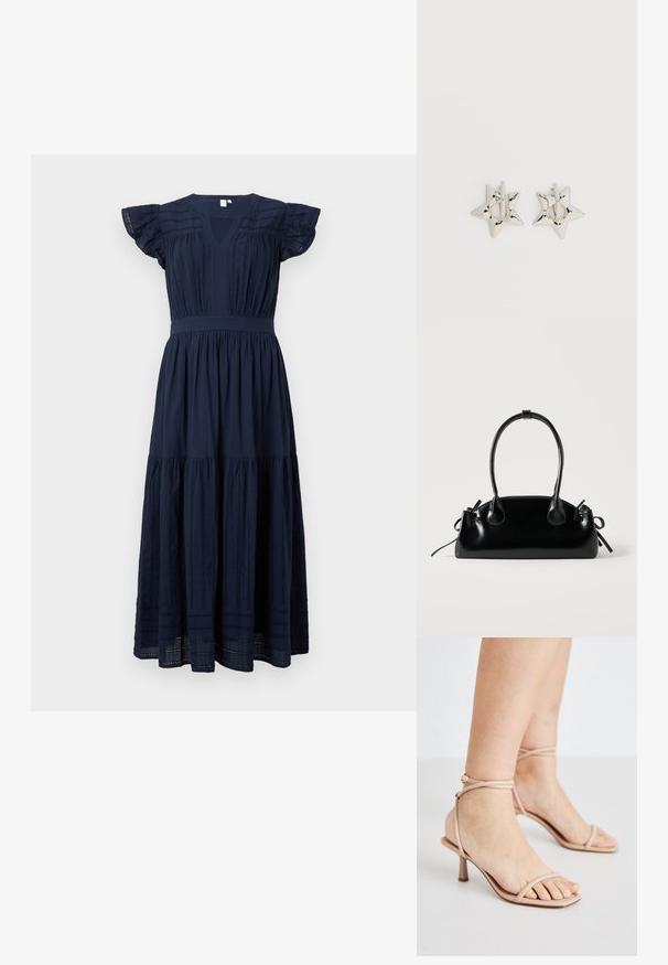 Marineblaue Midi-Kleid mit V-Ausschnitt, gerafften kurzen Ärmeln und vertikalen Spitzenakzenten auf dem Oberteil und den Rockpaneelen.; Nackte Riemchensandalen mit einem dünnen Knöchelriemen, einem quadratischen Zehendesign und einem kleinen Blockabsatz. Glatte Textur mit minimaler Detailgestaltung.; Kleine schwarze glänzende Handtasche mit zwei langen Griffen und seitlichen Kordelzug-Details vor einfachem hellem Hintergrund.; Silberne, sternförmige Creolen mit einer glatten, polierten Oberfläche auf weißem, schlichtem Hintergrund.