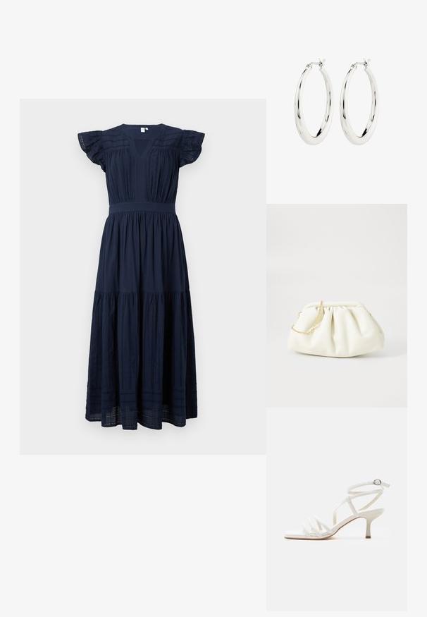 Vestido midi azul marino con escote en V, mangas cortas con volantes y detalles de encaje vertical en el cuerpo y los paneles de la falda.; Sandalia blanca de mujer con tiras, tacones delgados, tres tiras delanteras y una correa en el tobillo con hebilla plateada.; Bolso de mano de cuero blanco con un diseño recogido, cuenta con una cadena dorada y forma redondeada. Textura suave con pliegues suaves y sin patrones.; Pendientes de aro de plata con un acabado suave y brillante. Forma circular, con un cierre seguro. Diseño sencillo y elegante.
