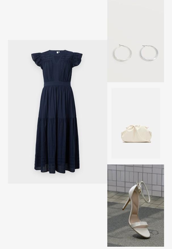 Marineblaue Midi-Kleid mit V-Ausschnitt, gerafften kurzen Ärmeln und vertikalen Spitzenakzenten auf dem Oberteil und den Rockpaneelen.; Riemchensandalette mit hohem Absatz aus glänzendem weißem Material. Verfügt über einen dünnen Knöchelriemen und zwei vordere Bänder, mit beigem Innenfutter und schlankem Stiletto-Absatz.; Weiche, cremefarbene Leder-Clutch mit gerafftem Design und einem dünnen Schulterriemen, der vorne auf einem schlichten Hintergrund liegt.; Silberne Metallcreolen mit glatter, leicht gebogener Oberfläche und Klappverschluss vor schlicht weißem Hintergrund.