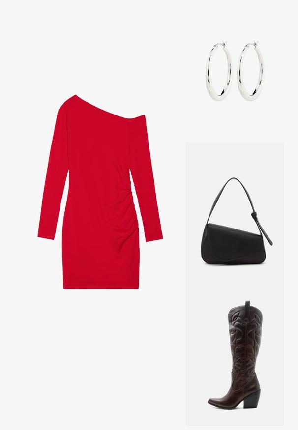 Vestido rojo de manga larga con escote asimétrico, textura fruncida en un lado y silueta ajustada. Está hecho de un tejido elástico.; Bota vaquera alta de cuero marrón oscuro con patrones decorativos cosidos, punta puntiaguda y tacón de bloque apilado.; Bolso de mano de cuero negro con forma triangular, tapa en ángulo y un asa superior redondeada. Presenta una textura suave y detalles de diseño minimalistas.; Pendientes de aro de plata con un acabado suave y brillante. Forma circular, con un cierre seguro. Diseño sencillo y elegante.