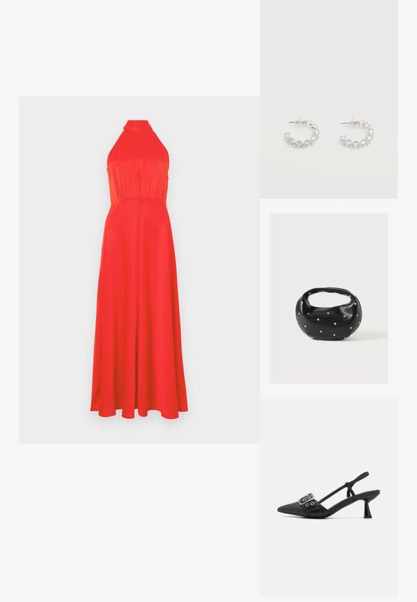 Vestido rojo con cuello halter, con un torso ajustado y falda fluida. Tejido suave con un ligero brillo, que presenta una cintura ceñida y un diseño hasta los tobillos.; Simmi London DALA - Tacones - black; Bolso de mano de cuero negro con forma redondeada, decorado con detalles de tachuelas plateadas y un asa corta. Textura lisa y cierre con cremallera.; Pendientes de aro plateados incrustados con cristales facetados transparentes, con cierre de poste y tapones auriculares transparentes sobre un fondo blanco.