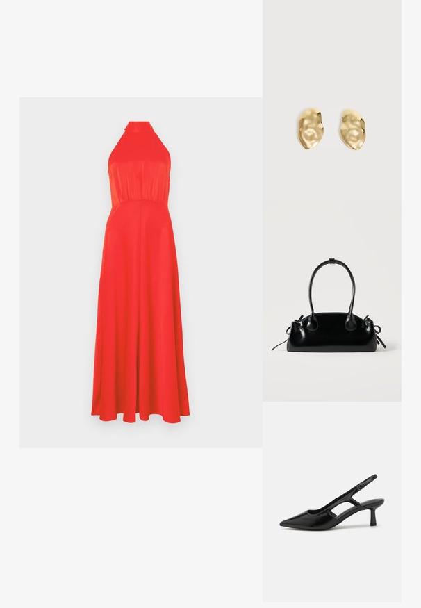 Robe rouge à encolure halter avec un buste ajusté et une jupe fluide. Tissu lisse avec un léger éclat, présentant une taille cintrée et un design longueur cheville.; Escarpins noirs à talon ouvert avec un embout pointu, fabriqués en matériau brillant, présentant des accents découpés et un talon modéré pour un bon soutien.; Petit sac à main noir brillant avec deux longues anses et des détails à cordon sur les côtés sur un fond clair uni.; Paire de boucles d'oreilles en métal doré brillant, de forme irrégulière, avec une surface froissée et lisse sur un fond clair uni.