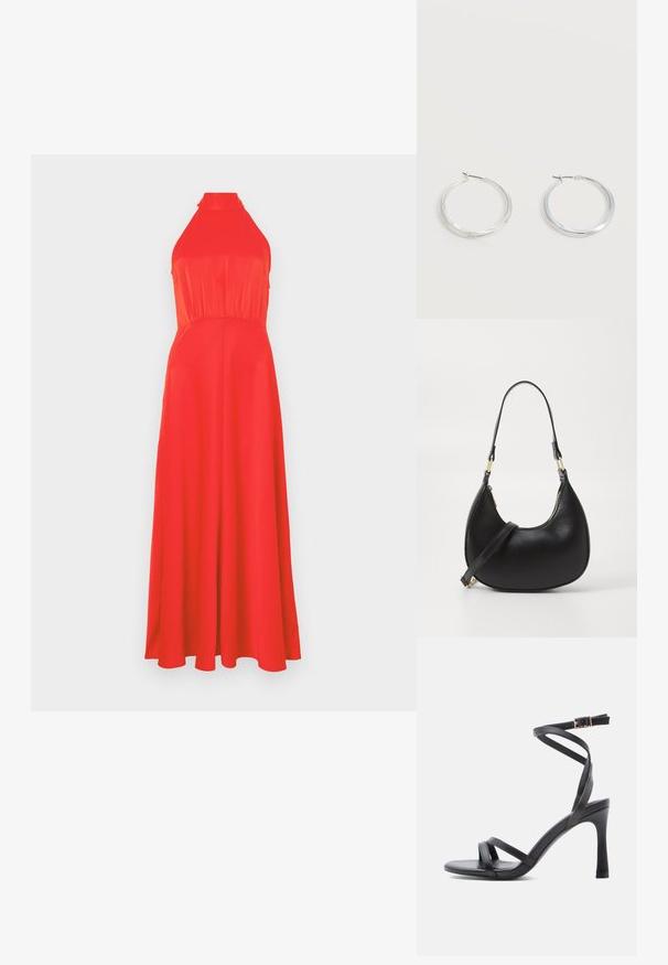 Vestido rojo con cuello halter, con un torso ajustado y falda fluida. Tejido suave con un ligero brillo, que presenta una cintura ceñida y un diseño hasta los tobillos.; Sandalias negras de tacón alto con un diseño elegante, que cuentan con dos tiras estrechas sobre los dedos y una correa cruzada en el tobillo con hebilla.; Bolso de mano de cuero negro con forma curva, que cuenta con un cierre superior con cremallera, un asa corta y una correa para el hombro desmontable. Accesorios en dorado.; Pendientes de aro de metal plateado con superficie lisa y ligeramente curvada y cierre de tipo mosquetón sobre un fondo blanco liso.