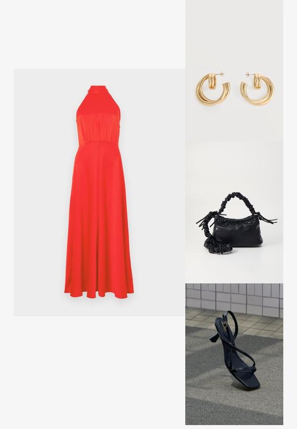 Vestido rojo con cuello halter, con un torso ajustado y falda fluida. Tejido suave con un ligero brillo, que presenta una cintura ceñida y un diseño hasta los tobillos.; Sandalia negra de tacón con punta cuadrada, con finas tiras y un pequeño tacón grueso. Material liso y brillante con un detalle dorado.; Bolso de mano de imitación cuero negro con textura de cocodrilo, parte superior fruncida y correa arrugada. Presenta un diseño suave y compacto.; Par de pendientes de aro doble brillante de oro con cierres de presión sobre un fondo blanco.