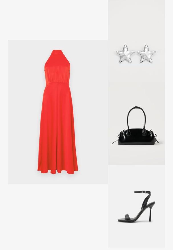 Vestido rojo con cuello halter, con un torso ajustado y falda fluida. Tejido suave con un ligero brillo, que presenta una cintura ceñida y un diseño hasta los tobillos.; Sandalia negra de tacón alto con una correa delgada en el tobillo y dos bandas en la parte frontal. Hecha de cuero suave con una punta afilada y tacón de aguja.; Pequeño bolso negro brillante con dos asas largas y detalles de cordón lateral sobre un fondo claro liso.; Pendientes en forma de estrella plateada con una superficie pulida y brillante. Cada pendiente presenta cinco puntas y sutiles detalles de textura en la superficie.