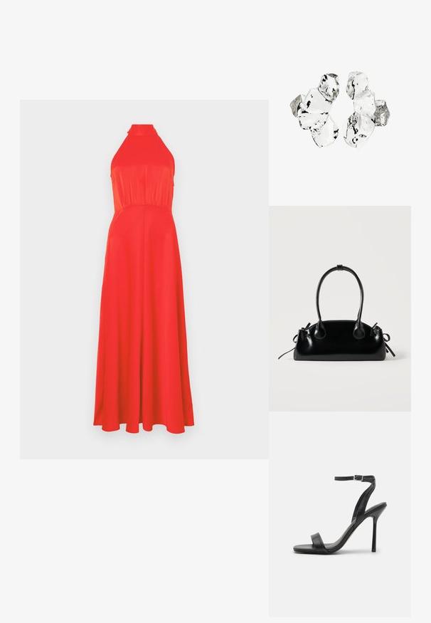 Vestido rojo con cuello halter, con un torso ajustado y falda fluida. Tejido suave con un ligero brillo, que presenta una cintura ceñida y un diseño hasta los tobillos.; Sandalia negra de tacón alto con una correa delgada en el tobillo y dos bandas en la parte frontal. Hecha de cuero suave con una punta afilada y tacón de aguja.; Pequeño bolso negro brillante con dos asas largas y detalles de cordón lateral sobre un fondo claro liso.; Conjunto de seis piezas de forma irregular, translúcidas y reflectantes, similares al vidrio, dispuestas sobre un fondo blanco.