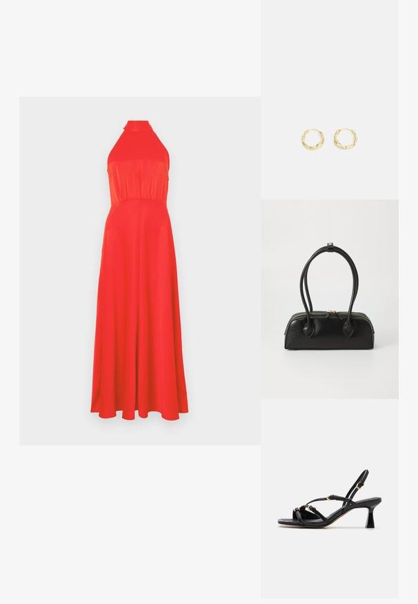 Vestido rojo con cuello halter, con un torso ajustado y falda fluida. Tejido suave con un ligero brillo, que presenta una cintura ceñida y un diseño hasta los tobillos.; Call it Spring DIANAH - Sandalias - black; Bolso de mano de cuero negro con dos asas alargadas, cierre de cremallera y forma redondeada; textura suave con un acabado ligeramente brillante.; Pendientes de aro de oro con una superficie texturizada e irregular. Presentan un diseño ligero y una forma circular, aptos para el uso diario.