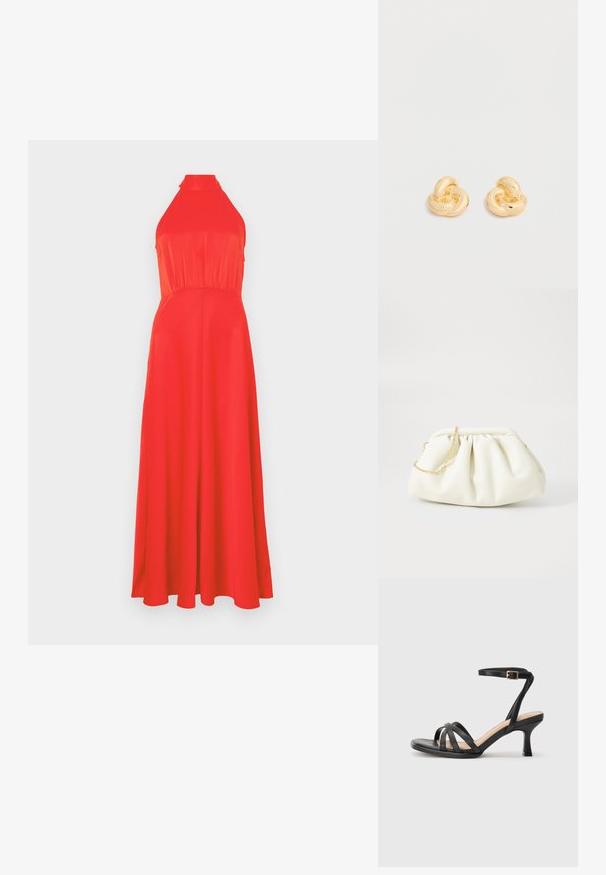 Vestido rojo con cuello halter, con un torso ajustado y falda fluida. Tejido suave con un ligero brillo, que presenta una cintura ceñida y un diseño hasta los tobillos.; Sandalias negras de tacón alto con múltiples tiras finas en la parte delantera, una sola tira en el tobillo con un hebilla dorada y punta cuadrada.; Bolso de mano de cuero blanco con un diseño recogido, cuenta con una cadena dorada y forma redondeada. Textura suave con pliegues suaves y sin patrones.; Par de pendientes de botón en forma de nudo con acabado dorado brillante sobre un fondo blanco liso.