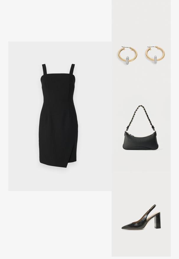 Sort tætsiddende kjole med firkantet udskæring, justerbare stropper og en omslag foran, lavet af glat teksturstof.; Sort læder peep-toe slingback sko med høj blokhæl og beige indvendig foring mod en ensfarvet lys baggrund.; Sort skuldertaske i læder med en buet rektangulær form, gyldent kæde vævet ind i en flettet sort rem og toplynlås.; Par guldtonede hoop øreringe med lille sølvfarvet loop-detalje på hver, vist mod lysegrå baggrund.