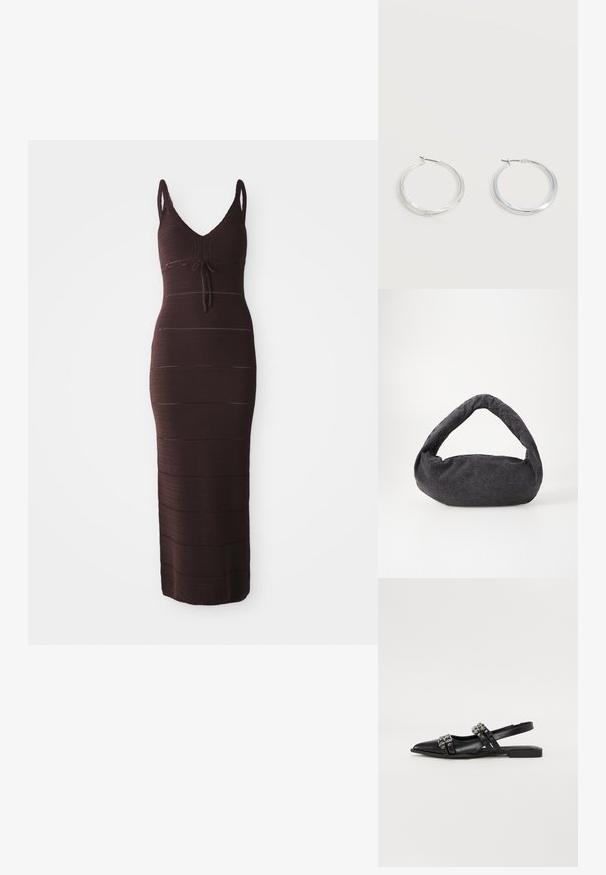 Strik, mørkebrun maxi-kjole med V-hals, tætsiddende pasform og justerbart bånd ved brystet. Har vandrette striber og tynde skulderstropper.; Even&Odd by Zalando Slingback-ballerinasko - black; Mørkegrå stofpose med et buet håndtag, blød tekstur og rund form. Ingen synligt hardware eller pynt.; Sølvfarvede metaloorringe med glat, let buet overflade og låsemekanisme på en ensfarvet hvid baggrund.