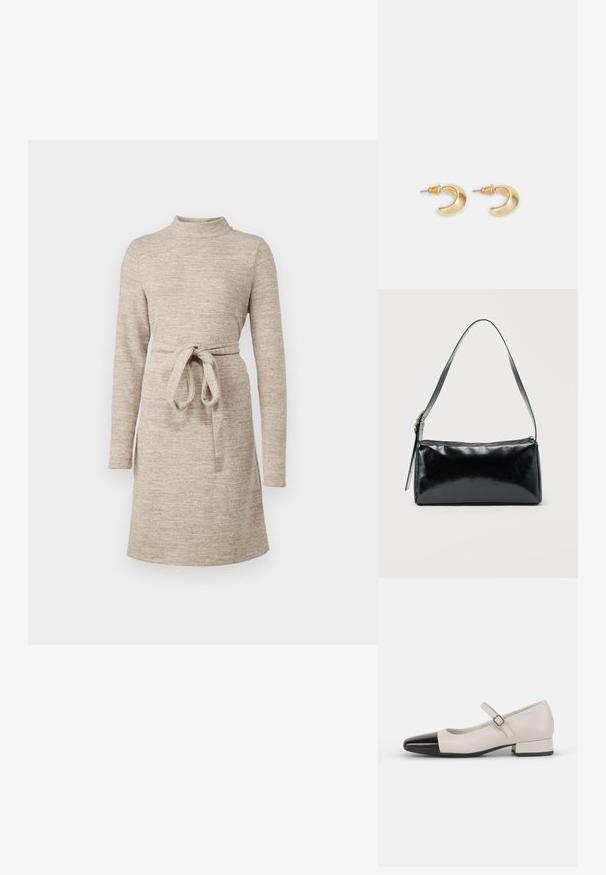 Robe en tricot beige avec un col montant, des manches longues et une ceinture en tissu à la taille. Texture douce et coupe évasée, arrivant au genou.; Chaussure de style Mary Jane en cuir crème avec un bout en vernis noir. Présente un bout rond, une sangle de cheville avec une boucle carrée et un petit talon carré.; Sac d'épaule rectangulaire noir avec une sangle réglable unique et une fermeture éclair supérieure sur un fond uni.; Boucles d'oreilles en forme de croissant en or avec une finition lisse, présentant des accents orange près du clou et un matériel en argent.