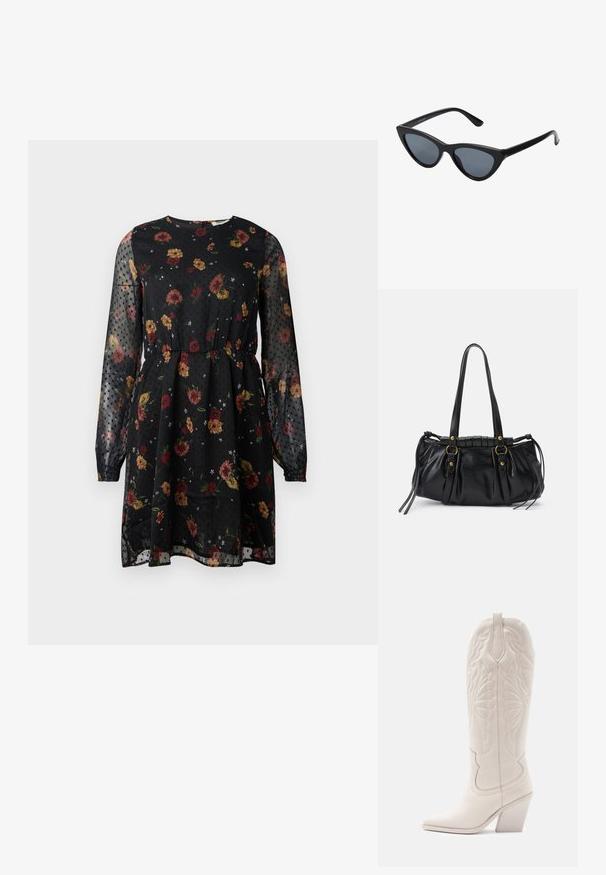 Vestido negro de flores hecho de tela transparente. Presenta mangas largas abullonadas, un escote redondo, una cintura elástica y un patrón de puntos con diversas flores.; Bota vaquera de cuero blanco con punta afilada y tacón bloqueado. Presenta patrones de costura intrincados en el caña y una textura suave.; Gafas de sol negras en forma de ojo de gato con lentes gris oscuro, marco de plástico elegante, esquinas puntiagudas y patillas rectas. Sin herrajes ni acentos visibles.; Bolso de mano de cuero negro con forma redondeada, asas dobles, acentos de hardware decorativo y detalles de lazo en los laterales. Textura lisa y brillante.