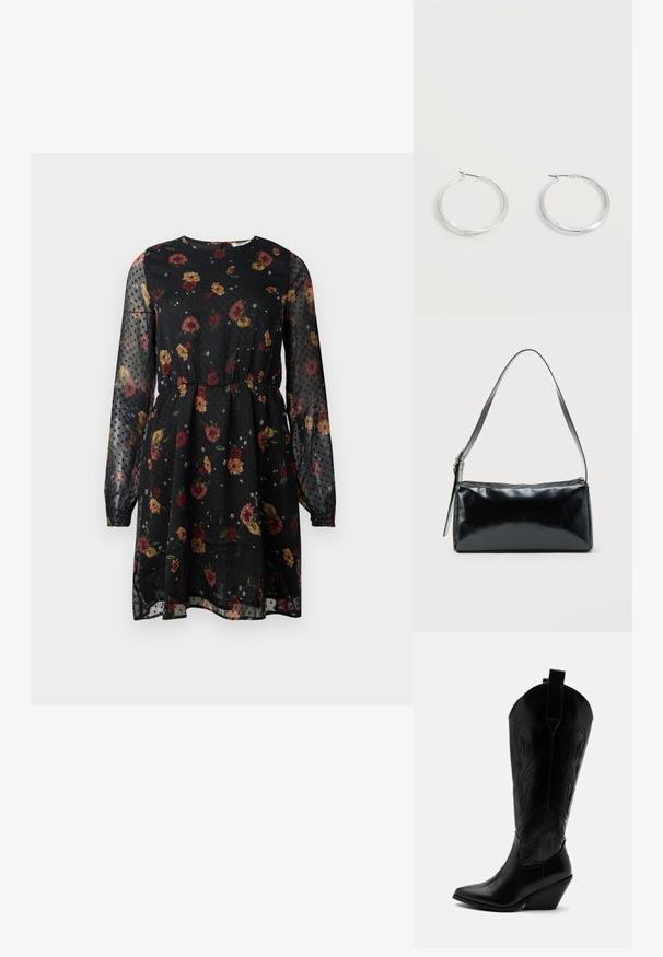 Schwarzes Blumenkleid aus transparenter Stoff. Es hat lange Puffärmel, einen runden Ausschnitt, einen elastischen Bund und ein gepunktetes Muster mit verschiedenen Blumen.; Schwarzer Leder-Cowboystiefel mit spitzer Zehe, schrägem Blockabsatz, dekorativer Naht und Zuglaschen oben vor weißem Hintergrund.; Schwarze rechteckige Schultertasche mit einem verstellbaren Riemen und einem oberen Reißverschluss vor einfachem Hintergrund.; Silberne Metallcreolen mit glatter, leicht gebogener Oberfläche und Klappverschluss vor schlicht weißem Hintergrund.