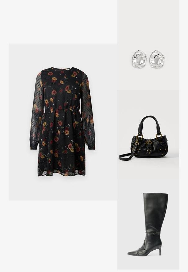 Zwarte bloemenjurk van transparant materiaal. Voorzien van lange pofmouwen, een ronde halslijn, een elastische taille en een stippenpatroon met verschillende bloemen.; Zwarte leren kniehoge laarzen met een slanke hak, puntige neus en banddetail bij de enkel. Gladde textuur en aansluitend ontwerp.; Zwarte leren handtas met gouden gesp en klinknagel details, korte handvatten en een verstelbare schouderriem op een effen witte achtergrond.; Zilveren abstracte studs met een gepolijste afwerking, met gladde rondingen en subtiele contouren. Geen zichtbare patronen of accenten.