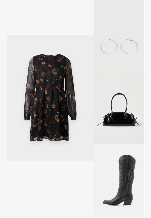 Schwarzes Blumenkleid aus transparenter Stoff. Es hat lange Puffärmel, einen runden Ausschnitt, einen elastischen Bund und ein gepunktetes Muster mit verschiedenen Blumen.; Braune Cowboy-Stiefel aus Leder mit Flammenstickerei, seitlichem Reißverschluss, silbernen Nieten, spitzer Zehenpartie und geschichtetem Absatz.; Kleine schwarze glänzende Handtasche mit zwei langen Griffen und seitlichen Kordelzug-Details vor einfachem hellem Hintergrund.; Paar glänzende silberne Creolen mit dünnen Drahtverschlüssen, dargestellt vor einem hellgrauen Hintergrund.