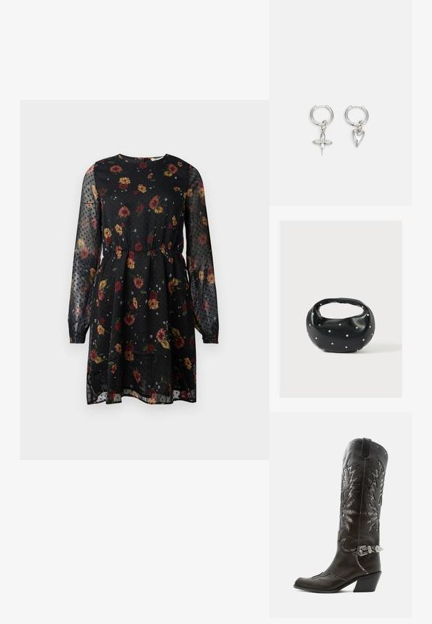 Vestido negro de flores hecho de tela transparente. Presenta mangas largas abullonadas, un escote redondo, una cintura elástica y un patrón de puntos con diversas flores.; Bota cowboy de cuero negro con recortes decorativos, hebilla plateada y tacón inclinado, presentada sobre fondo blanco.; Bolso de mano de cuero negro con forma redondeada, decorado con detalles de tachuelas plateadas y un asa corta. Textura lisa y cierre con cremallera.; Pendientes de aro de plata con un charm de cruz y corazón. Textura suave y brillante con un acabado pulido. Cada charm cuelga de un lazo seguro.