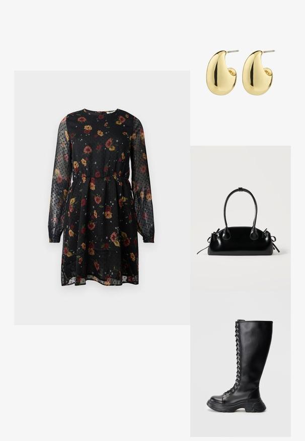Vestido negro de flores hecho de tela transparente. Presenta mangas largas abullonadas, un escote redondo, una cintura elástica y un patrón de puntos con diversas flores.; Bota alta de cuero negro con cordones y suela gruesa, con ojetes plateados, sobre un fondo claro y liso.; Pequeño bolso negro brillante con dos asas largas y detalles de cordón lateral sobre un fondo claro liso.; Pendientes de stud en tono dorado con una superficie suave y pulida, que presentan una forma abstracta en forma de lágrima. Hardware de metal simple para la sujeción.