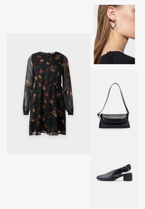 Schwarzes Blumenkleid aus transparenter Stoff. Es hat lange Puffärmel, einen runden Ausschnitt, einen elastischen Bund und ein gepunktetes Muster mit verschiedenen Blumen.; Schwarzer Leder-Slingback-Schuh mit abgerundeter Spitze, einem geknoteten Riemendetail und niedrigem Blockabsatz auf weißem Hintergrund.; Schwarze Lederhandtasche mit strukturiertem Design, glatter Textur und einem einzelnen Schulterriemen. Verfügt über ein dezentes, abgerundetes Klappendesign.; Silberne Creolen mit polierter Oberfläche, die kleine goldene Akzentdetails und eine runde Form aufweisen, am Ohrläppchen getragen.