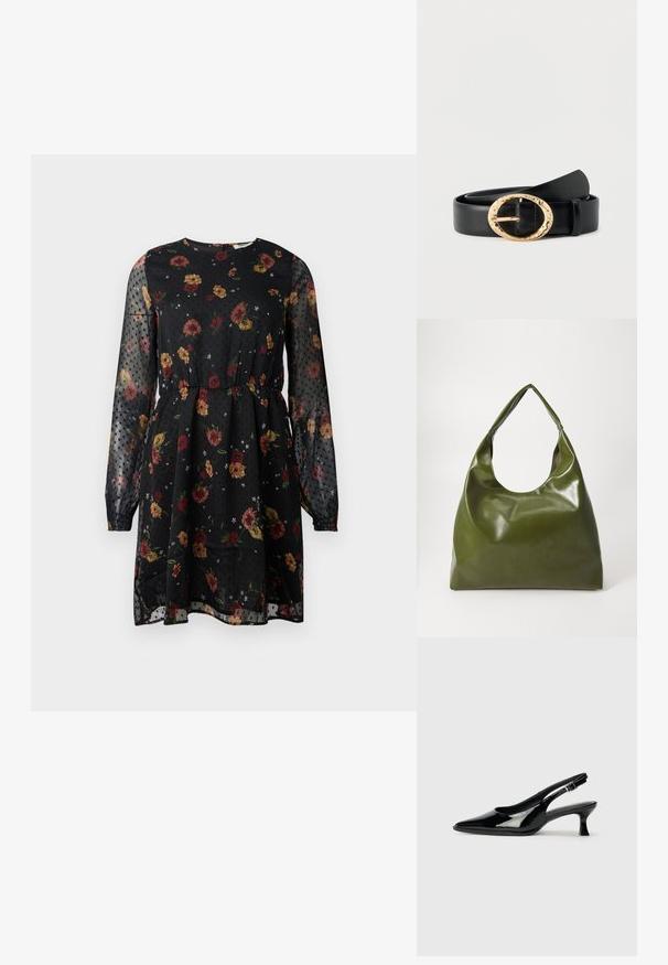 Schwarzes Blumenkleid aus transparenter Stoff. Es hat lange Puffärmel, einen runden Ausschnitt, einen elastischen Bund und ein gepunktetes Muster mit verschiedenen Blumen.; Schwarze Lackleder Slingback-Schuhe mit spitzem Zehenbereich und niedrigem Blockabsatz. Verstellbarer Riemen mit Schnalle am Knöchel.; Grüne Leder-Hobo-Tasche mit einem lässigen Design, gebogenem Griff und glatter Textur. Enthält keine sichtbaren Beschläge oder Akzente.; Schwarzer Ledergürtel, aufgerollt mit einer strukturierten runden goldfarbenen Metallschnalle auf einem einfarbigen hellen Hintergrund.