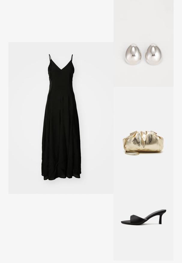 Zwarte maxi-jurk met spaghettibandjes, v-hals, vloeiende silhoët, een soepele textuur en een subtiel draperingdetail aan de zoom.; Zwarte mule met open teen, met een smalle hak van gemiddelde hoogte en een brede band aan de voorkant, zijaanzicht op een effen achtergrond.; Gouden metallic clutchtas met een gekreukte textuur, zachte ronde vorm en een afneembare kettingriem. Kenmerkt zich door een geplooide afwerking aan de bovenkant.; Zilveren metalen oorcuffs met een glad, rond ontwerp dat lijkt op de vorm van een druppel, met een reflecterende oppervlakte en een naadloze afwerking.