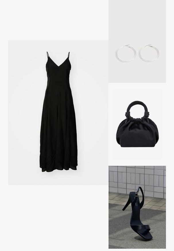 Zwarte maxi-jurk met spaghettibandjes, v-hals, vloeiende silhoët, een soepele textuur en een subtiel draperingdetail aan de zoom.; Zwarte sandaal met hoge hak, enkelriem en vierkante neus, geplaatst op het trottoir tegen een betegelde muur op de achtergrond.; Zwarte zachte stoffen handtas met geplooide bovenkant en ronde gewatteerde handvatten, vastgeknoopt aan elke kant.; Een paar glanzende zilveren oorringen met dunne draadafsluitingen, getoond op een lichtgrijze achtergrond.
