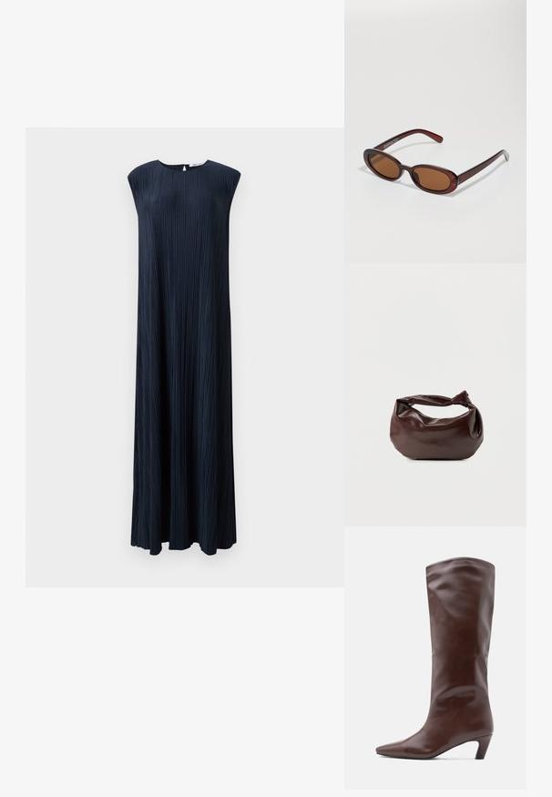 Vestido sin mangas de color azul marino con plisados, cuello redondo, silueta fluida y largo, elaborado en una tela texturizada.; Bota alta de cuero marrón hasta la rodilla con punta puntiaguda y tacón cónico. Textura suave con un diseño elegante y minimalista.; Gafas de sol redondas con tinte marrón y un marco burdeos brillante. Patillas delgadas con un sutil detalle de marca. Diseño de lentes planos.; Bolso de hombro de cuero marrón oscuro con una forma suave y caída, y un asa con nudo torcido sobre un fondo blanco liso.