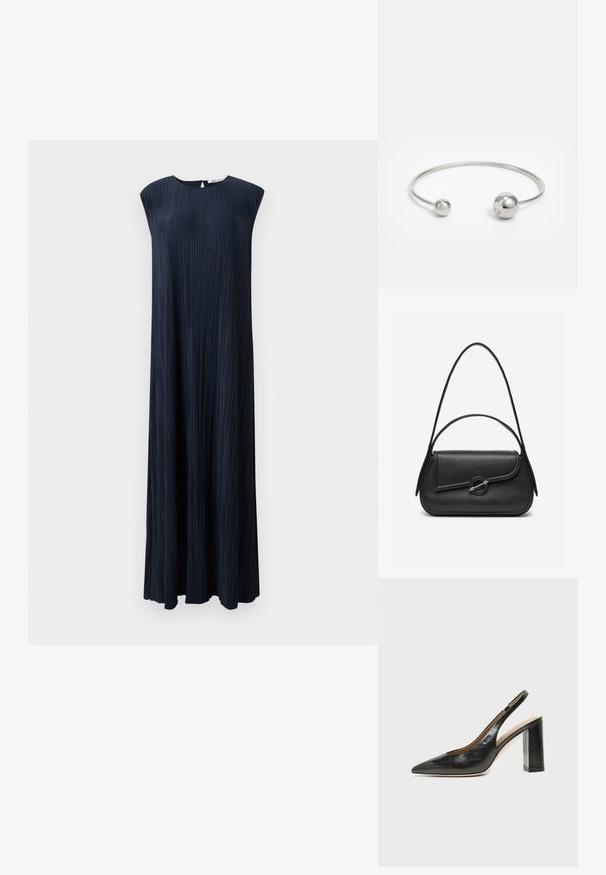 Navyblaues, plissiertes, ärmelloses Kleid mit Rundhalsausschnitt, fließender Silhouette und langer Länge, gefertigt aus strukturiertem Stoff.; Schwarzer Leder-Slingback-Schuh mit spitzer Kappe, hohem Blockabsatz und beigegefüttertem Innenraum vor hellem, einfarbigem Hintergrund.; Schwarze Lederhandtasche mit abgerundeten Kanten, asymmetrischem Überschlag, metallfarbenem runden Verschluss und kurzen sowie langen Schulterriemen.; Silberner Metallarmreif mit zwei kugelförmigen Akzenten an jedem Ende, glatte Oberfläche, offenes Design und schlanker, minimalistischer Form.