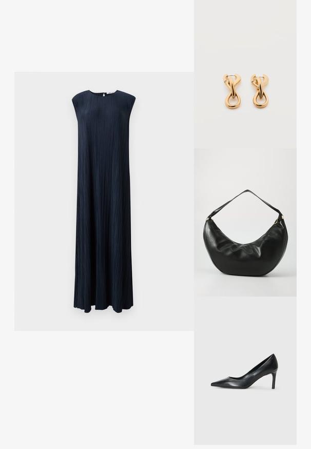 Vestido sin mangas de color azul marino con plisados, cuello redondo, silueta fluida y largo, elaborado en una tela texturizada.; Zapato de tacón negro de cuero con punta afilada y un tacón delgado, textura suave y sin adornos visibles. Diseño limpio con una estética minimalista.; Bolso de hombro de cuero negro con una forma curva, textura suave y una sola correa; cuenta con un zipper dorado y un branding sutil.; Par de pendientes de aro con acabado dorado brillante sobre fondo blanco liso, con diseño entrelazado y torsionado.