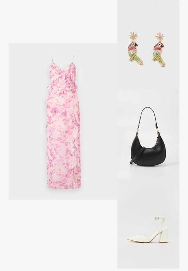 Vestido largo floral en tela rosa claro, con acentos de volantes a lo largo del escote y el costado, y tirantes delgados ajustables.; Sandalia blanca de tacón con puntera afilada, correa ajustable en el tobillo y un tacón cuadrado grueso. Textura lisa con detalles de costura mínimos.; Bolso de mano de cuero negro con forma curva, que cuenta con un cierre superior con cremallera, un asa corta y una correa para el hombro desmontable. Accesorios en dorado.; Par de pendientes con forma de loro en tono dorado con piedras de imitación verdes, rosas, negras e iridiscentes y tachuelas en forma de estallido estelar.