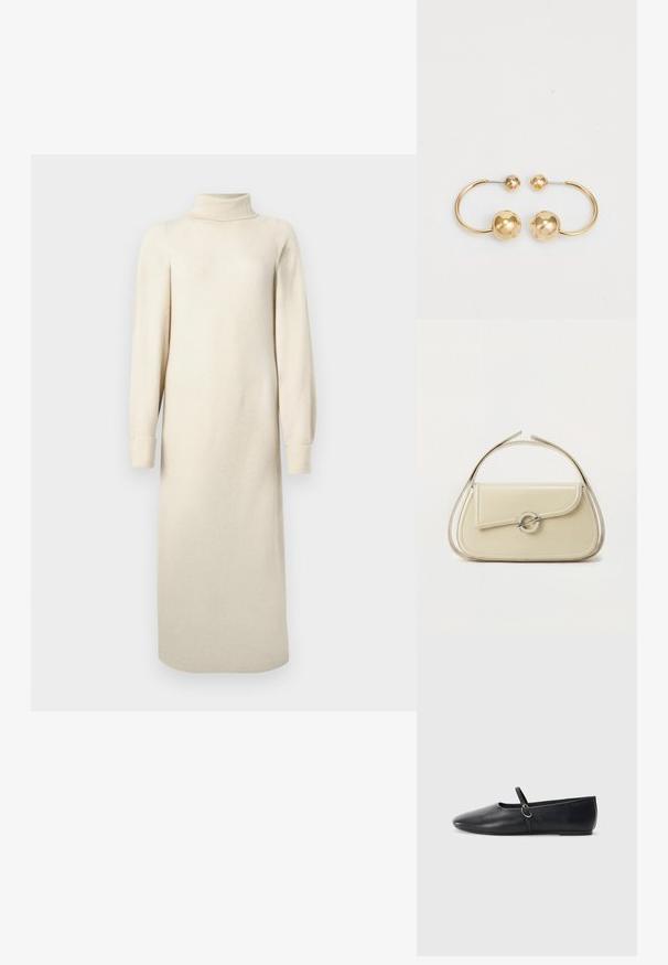 Robe en tricot crème avec un col montant, de longues manches bouffantes et une longueur midi. Présente une texture avec un léger motif en relief.; Ballerines noires en cuir avec un bout pointu, une semelle plate et une petite sangle avec un détail de boucle en argent.; Sac à main en cuir crème avec rabat incurvé, fermoir circulaire en argent et poignée courte sur le dessus, sur fond blanc uni.; Boucles d'oreilles en métal doré présentant un design circulaire avec deux sphères, l'une plus grande et texturée, et une petite boule polie en haut.