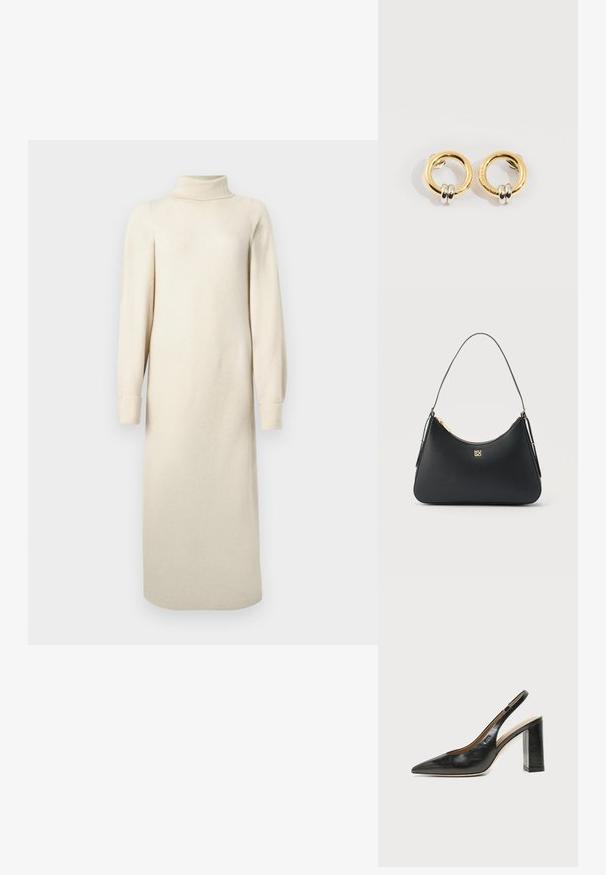 Creme strikkjole med høj krave, lange pufærmer og midi længde. Har en struktur med et let ribmønster.; Sort læder peep-toe slingback sko med høj blokhæl og beige indvendig foring mod en ensfarvet lys baggrund.; Sort læderhåndtaske med gyldent lynlås, tynd rem og gyldent "HUGO"-logo centreret på fronten.; Guld cirkulære øreringe med to små sølv-ringe på hver, der viser subtile indgraverede mærkenavne detaljer, sat på en hvid baggrund.