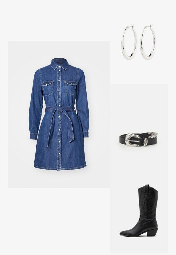 Denimhemdkleid mit langen Ärmeln, durchgehender Knopfleiste, Brusttaschen und einem Kordelzug in der Taille. Verfügt über einen klassischen Kragen und einen mittellangen Saum.; Schwarze Leder-Cowboy-Stiefel mit spitzem Zeh, geprägten, wirbelnden Mustern und einem mittelhohen Absatz. Mit einem Zuglasche für einfaches An- und Ausziehen.; Silberne Creolen mit einer glatten, glänzenden Oberfläche. Kreisform, ausgestattet mit einem sicheren Verschluss. Einfaches und elegantes Design.; Schwarzer Ledergürtel mit einer großen silbernen Metallschnalle, die über feine Verzierungen und dekorative Akzente an beiden Enden verfügt.